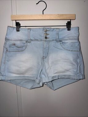 High-Rise Light Blue Triple-Button Denim Shorts